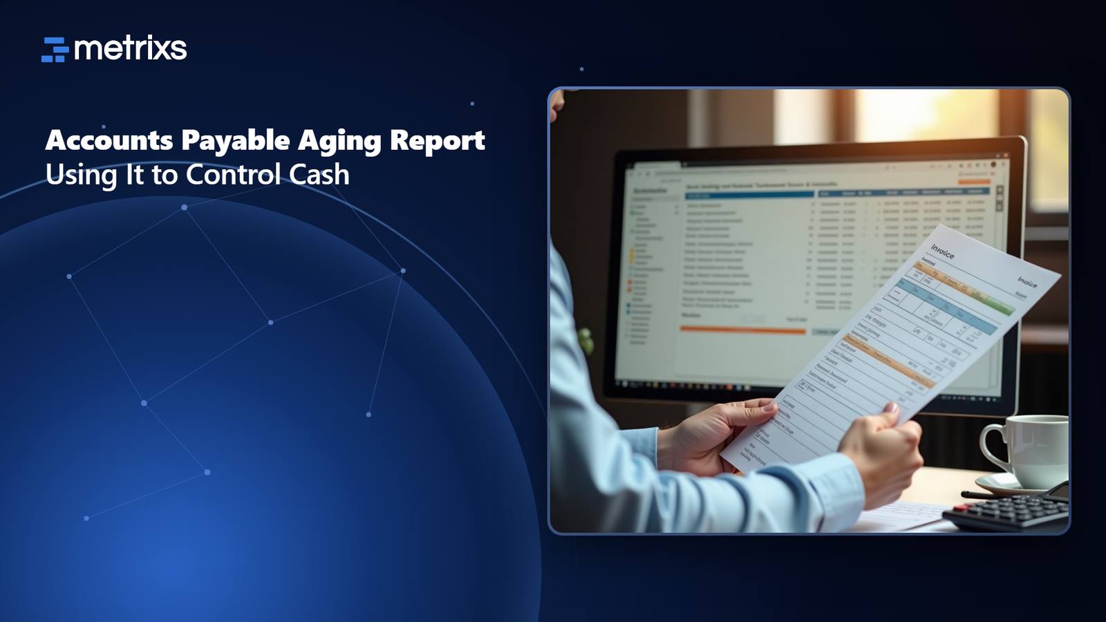Accountant reviewing invoice aging report beside a monitor showing payment schedules