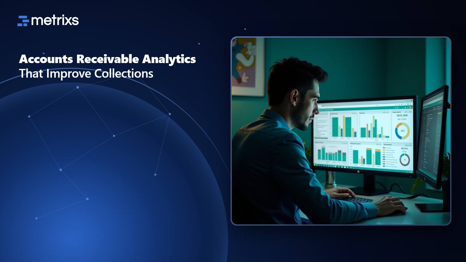 Finance professional examining collections dashboard with aging buckets and cash flow charts