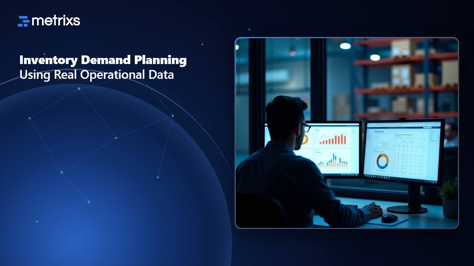 Demand planner analyzing seasonal forecast graphs with warehouse visible through glass wall
