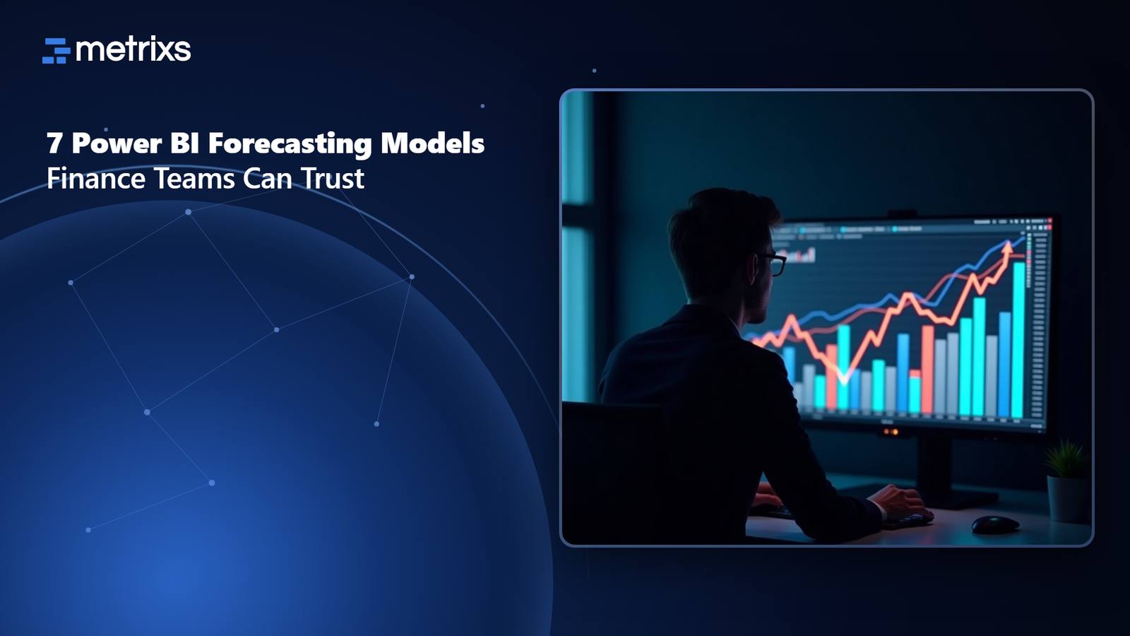 Financial analyst studying Power BI forecast trend charts on a widescreen monitor