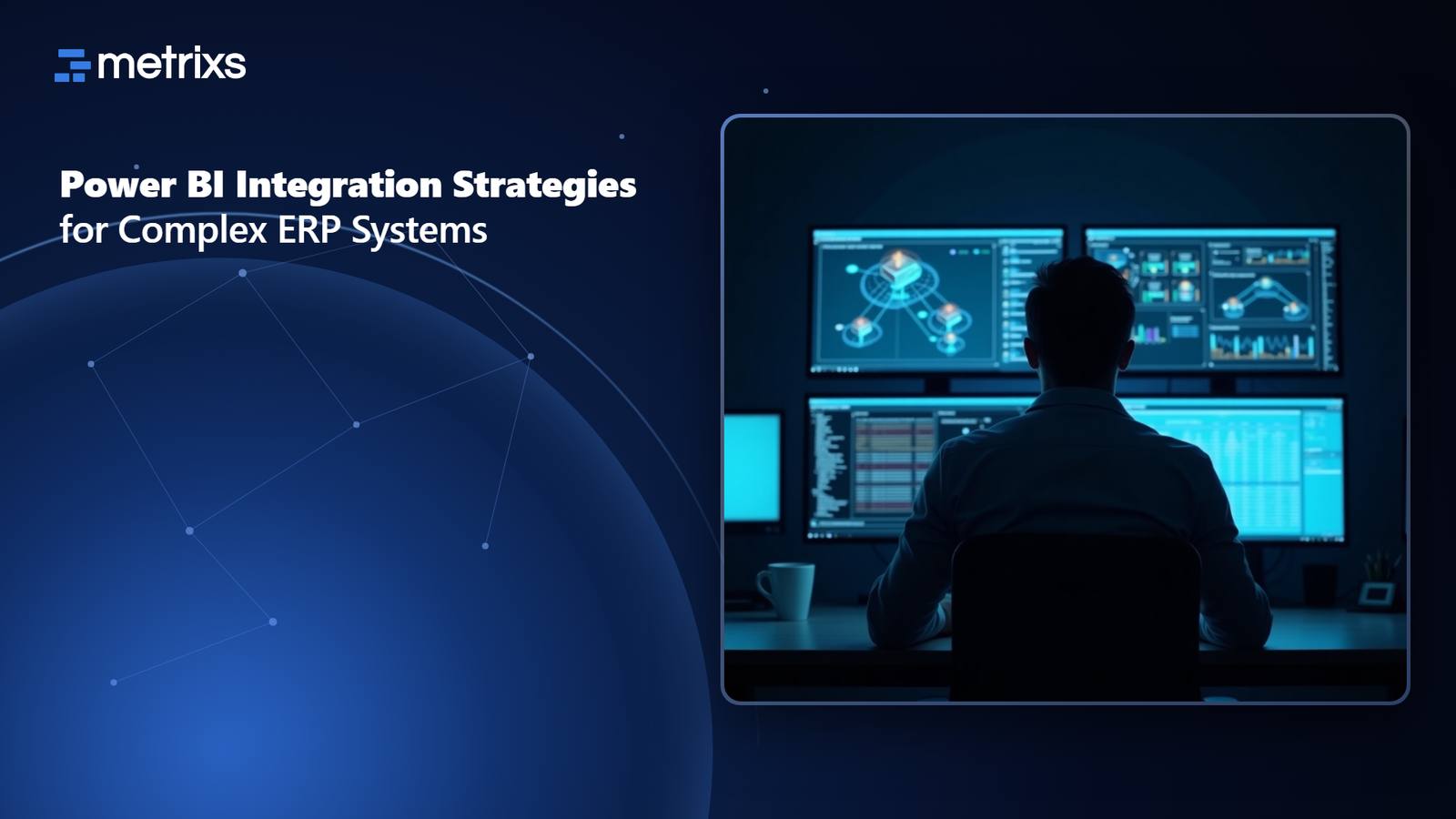 Data architect connecting system diagrams and dashboards across two monitors