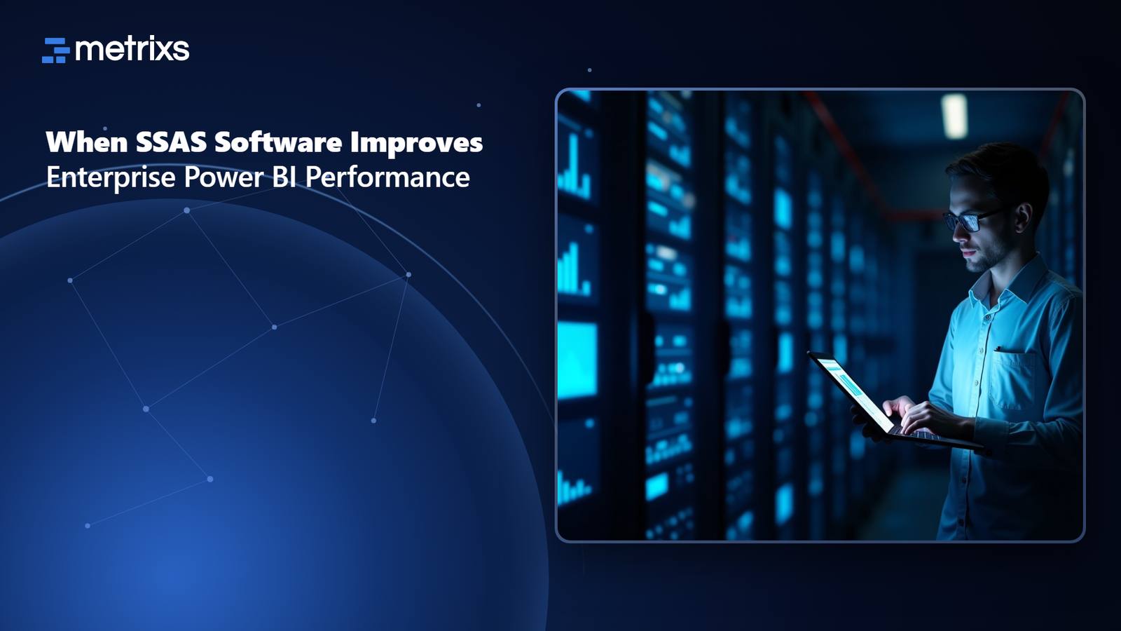 Data engineer in a server room checking Power BI dashboard performance on a laptop