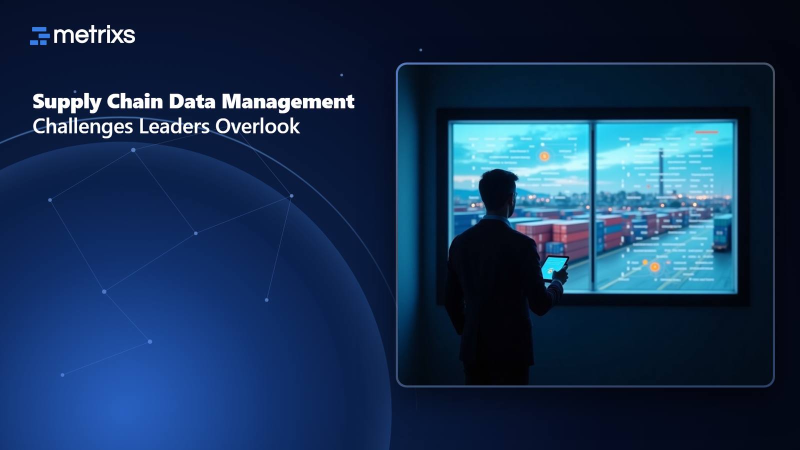 Warehouse operations manager reviewing supply chain dashboards on a wall screen
