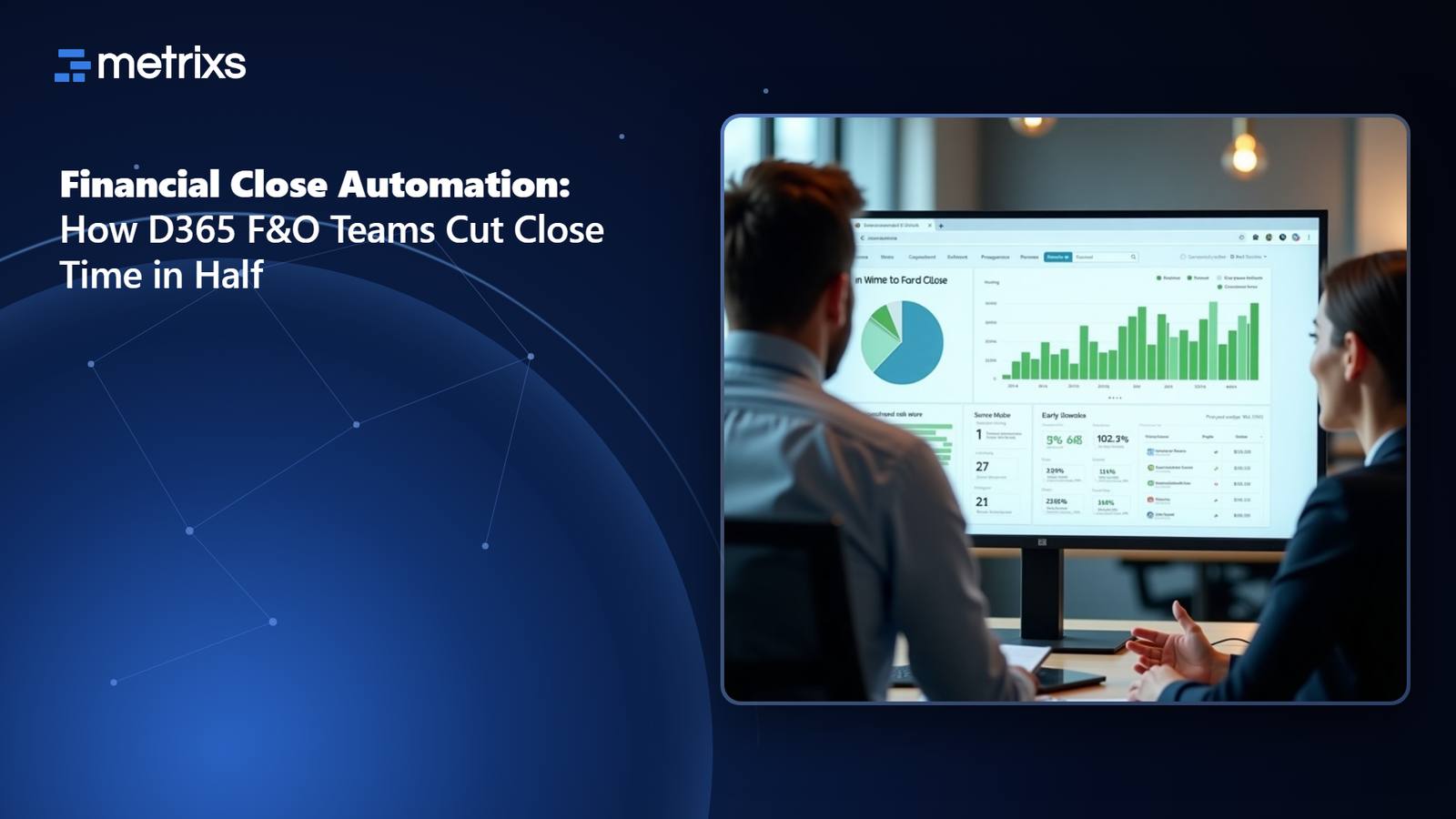 Finance team reviewing automated month-end close dashboard with completed checklist metrics